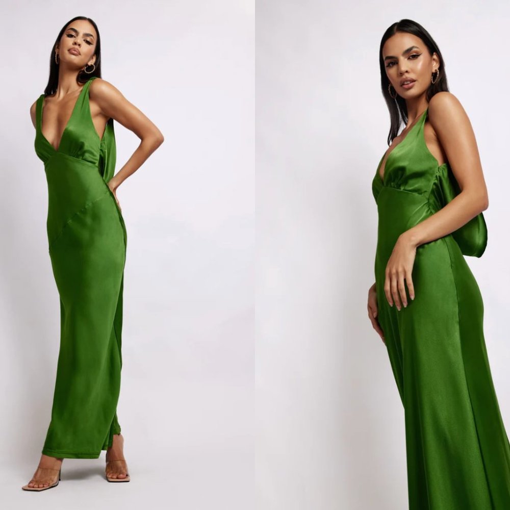 NADIA Maxi Satin Dress With Back Cowl - Emerald